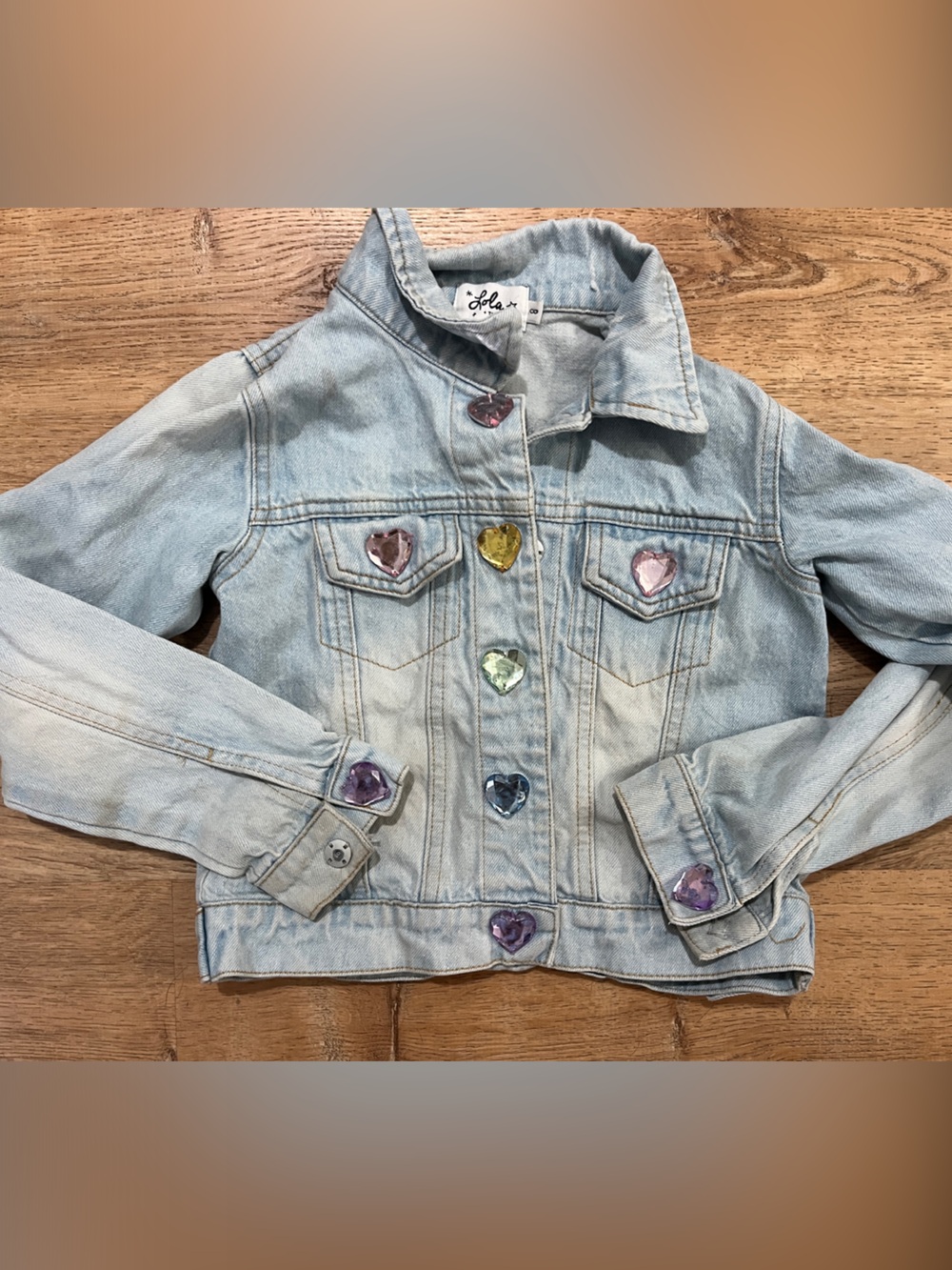 Light Wash Denim Jacket with Multi-Colored Heart Gems